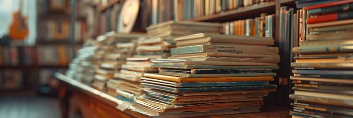 Fototapeten Macro shot of a stack of vintage vinyl records on a shelf, hyperrealistic photography of modern interior design © Warda