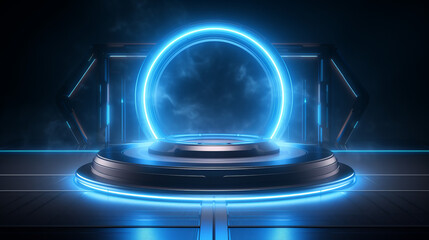 Fototapeta na wymiar A glowing blue portal on a dark background.