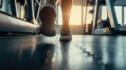Close-up of man feet on a treadmill running at the gym interior - obrazy, fototapety, plakaty