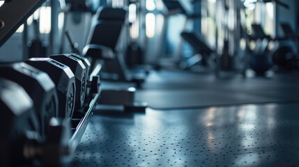 dumbbells closeup details in gym, empty modern  interior with various equipment