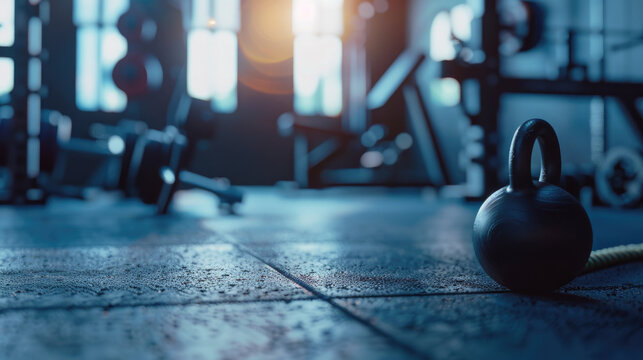 kettlebell closeup details in gym, empty modern interior with various equipment with natural lighting - Powered by Adobe