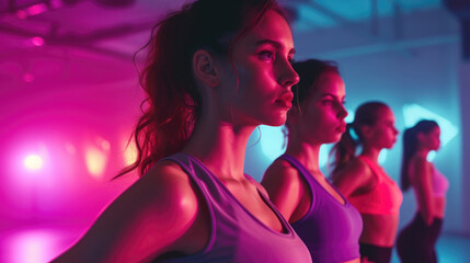 young female woman closeup with group females in gym do physical exercises, design for fitness sport athletic training dancing yoga classes 