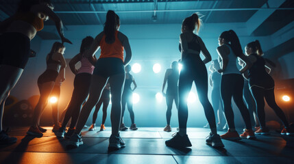 group of young female woman in gym do physical exercises, design for fitness sport athletic training dancing yoga