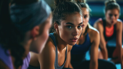 young female closeup with group of females in gym do physical exercises, design for fitness sport...