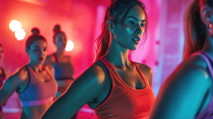 young female closeup with group of females in gym do physical exercises, design for fitness sport...