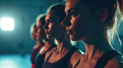 young female closeup with group of females in row gym do physical exercises, design for fitness...
