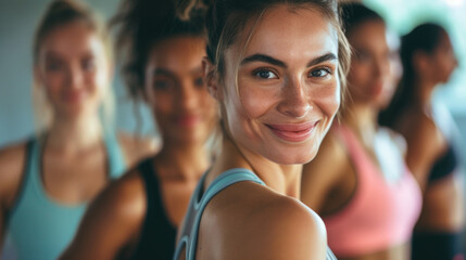 smiling young female closeup with group of females in gym do physical exercises, design for fitness sport athletic training dancing yoga - obrazy, fototapety, plakaty
