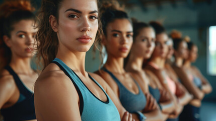 group of young females in row closeup in gym banner for fitness sport athletic training dancing yoga