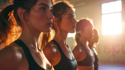 group of young females in row closeup in gym do  exercises fitness sport athletic training dancing yoga