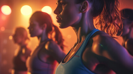 young female closeup with group of females in gym do physical exercises, design for fitness sport athletic training dancing yoga