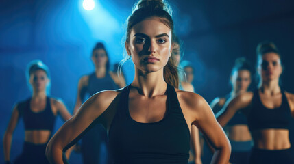 young female closeup with group of females in gym do physical exercises, design for fitness sport athletic training dancing yoga