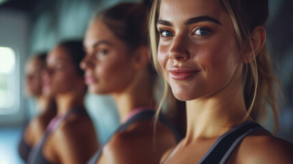 young woman closeup with group of females in gym do physical exercises, design for fitness sport athletic training dancing yoga