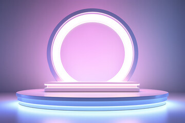 A glowing purple and blue circle and podium against a purple background.