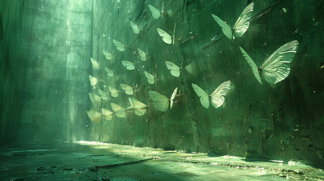 a green hallway has a lot of butterflies near it,