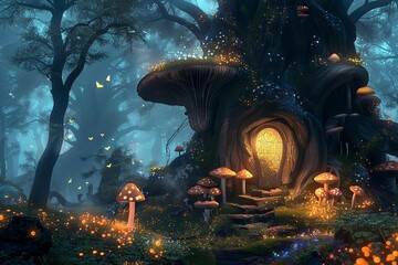 whimsical fairy tale forest with enchanted glowing mushrooms fireflies and a magical tree portal fantasy digital art