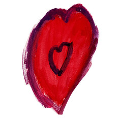 Czerwone serce w stylu dziecięcym,  farba akrylowa. Rozmazany abstrakcyjny kształt serca. Wyodrębniona z tła.  - obrazy, fototapety, plakaty