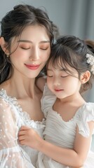 Fototapeta na wymiar Asian mother hugging her child on background
