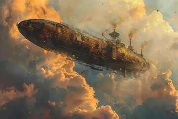 whimsical steampunk airship soaring through a cloudy sky digital fantasy painting digital ilustration - obrazy, fototapety, plakaty