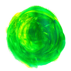 Zielona plama pędzla farba akrylowa. Rozmazany abstrakcyjny kształt koła i rozmazów z teksturą. Wyodrębniona z tła.  - obrazy, fototapety, plakaty