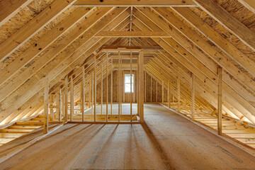 Spacious Attic Under Construction with Exposed Wooden Beams and Framework