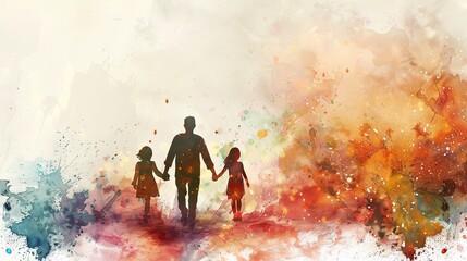 Fototapeta premium Silhouette of Father and child in Vibrant Watercolor