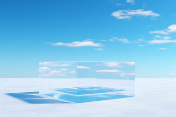 A large transparent glass box sits on a snowy field. The sky is bright blue with a few white clouds.