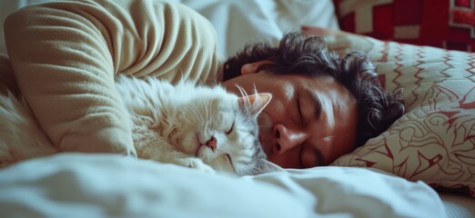 A man napping in bed with a Felidae cat comfortably resting on his chest - obrazy, fototapety, plakaty