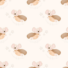 koala superheroes seamless pattern, baby textile,  Watercolor  koala pattern, stars and magic, fantastic animals,  stars pattern, beige background, flies in a dream, children's pajamas
