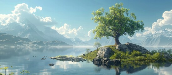 Serene Lakeside Landscape with Lush Tree on Rocky Island under Dramatic Sky Reflected in Calm Waters - obrazy, fototapety, plakaty