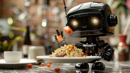 Friendly Robot Cheerfully Serving Steaming Hot Plate of Fried Rice - obrazy, fototapety, plakaty