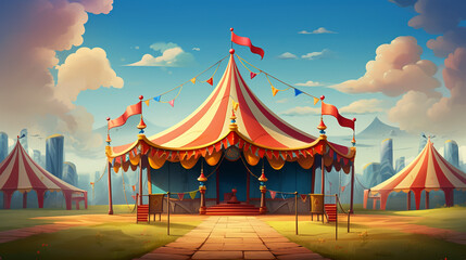 A red and white striped circus tent with a red flag on top. There are clouds in the sky and mountains in the distance. - obrazy, fototapety, plakaty