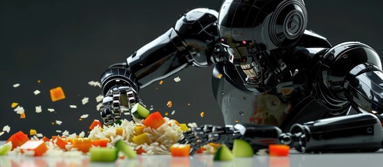 Futuristic Black Robot Diligently Chopping Vegetables for Healthy Fried Rice Meal