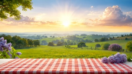 Seasonal Sunrise or Sunset Countryside Backdrop with Lilac Blooms on Checkered Picnic Tablecloth 
