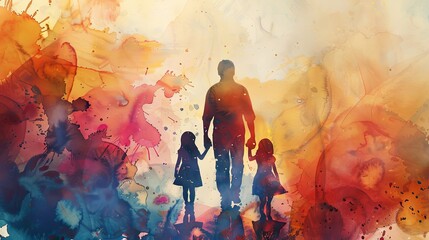 Silhouette of Father and child in Vibrant Watercolor