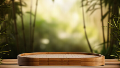 A wooden table with a blurred bamboo forest in the background