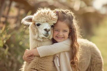 A young girl with a big smile hugging a fluffy alpaca.