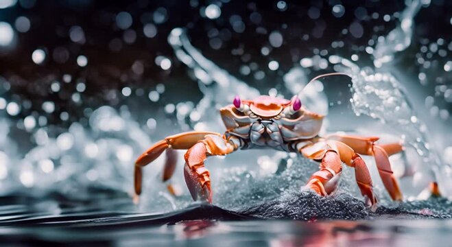 Crab, splashing water, photography poster, solid color background, fine details
