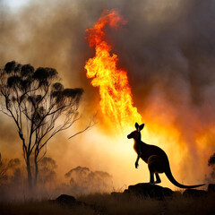 Australian bushfire with kangaroo silhouette.  - 784119537