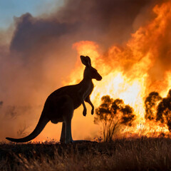 Australian bushfire with kangaroo silhouette.  - 784119557
