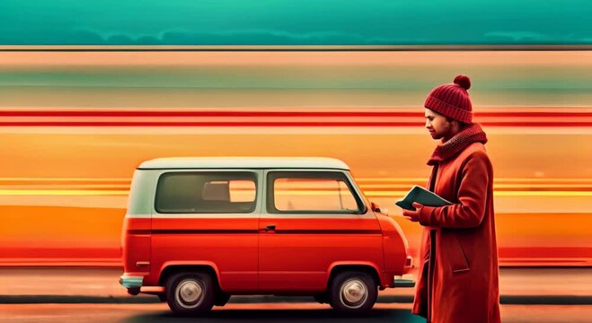 delivery Concept hand woman icon car moving tablet gital