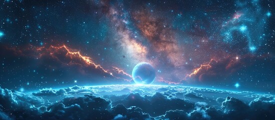 Fototapeta na wymiar Ethereal Starlight Odyssey Captivating Cosmic Dreamscape with Glowing Planet and Ethereal Clouds