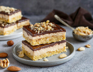 Nanaimo bars, Canadian dessert with wafer crumbs, nuts and cocoa a layer, vanilla custard and topped with chocolate.
