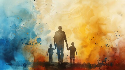 Silhouette of Father and child in Vibrant Watercolor