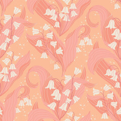 Seamless pattern with stylized lily of the valley flowers against a background of magical stars and sparkles in 2024 Peach Fuzz colors. Delicate shades of pink and peach. Warmth and spring mood.