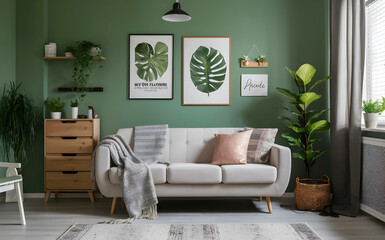 Stylish composition of cozy living room interior with design poster frames, plants, pillow, beige sofa, plaid and personal accessories in green home decor. Template. Plants on chest of drawers. 
