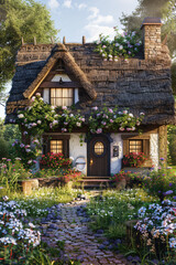 Fototapeta na wymiar Thatched-Roof Countryside Cottage: Flower-Filled Window Boxes