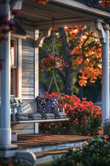 Fototapeta na wymiar Quaint Bed and Breakfast: Front Porch Swing and Flower Baskets