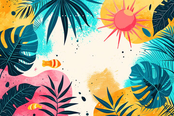 Abstract tropical leaves and fish pattern art illustration in vibrant colors. Exotic design with copy space.