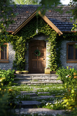 Fototapeta na wymiar Inviting Countryside Inn: Ivy-Covered Walls and Welcoming Porch