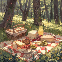 sunlit forest picnic with fresh bread, cheese, and fruits on a patterned blanket